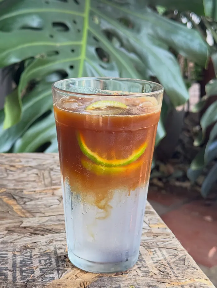Café gelado com rodelas de limão num copo de vidro, entre folhas de costela-de-adão.